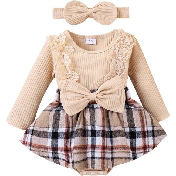 Baby Girl Clothes Fall Winter Outfit Plaid Romper Long Sleeve Dress Lace Ruffles - Picture 1 of 9